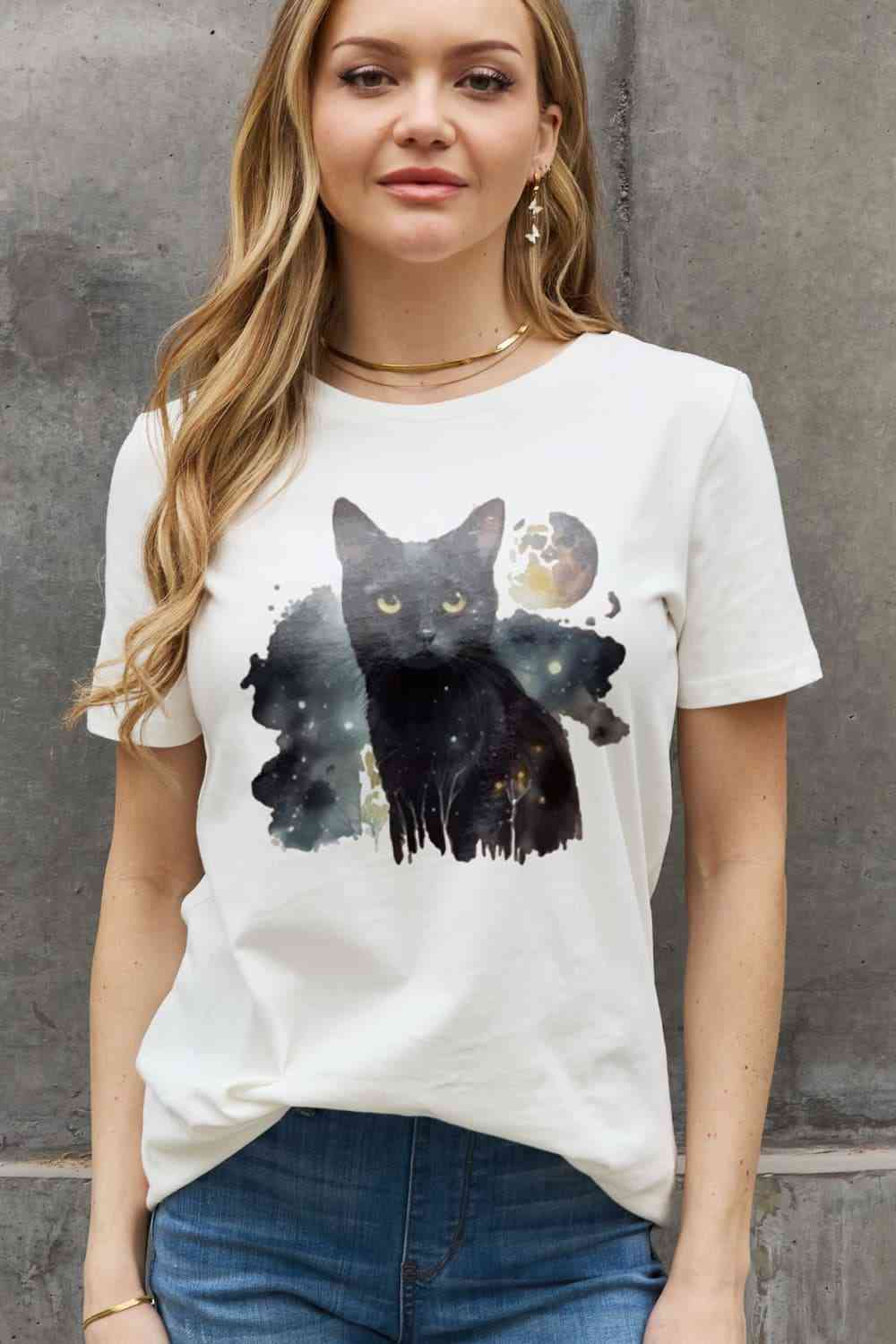 Simply Love Full Size Black Cat Graphic Cotton Tee