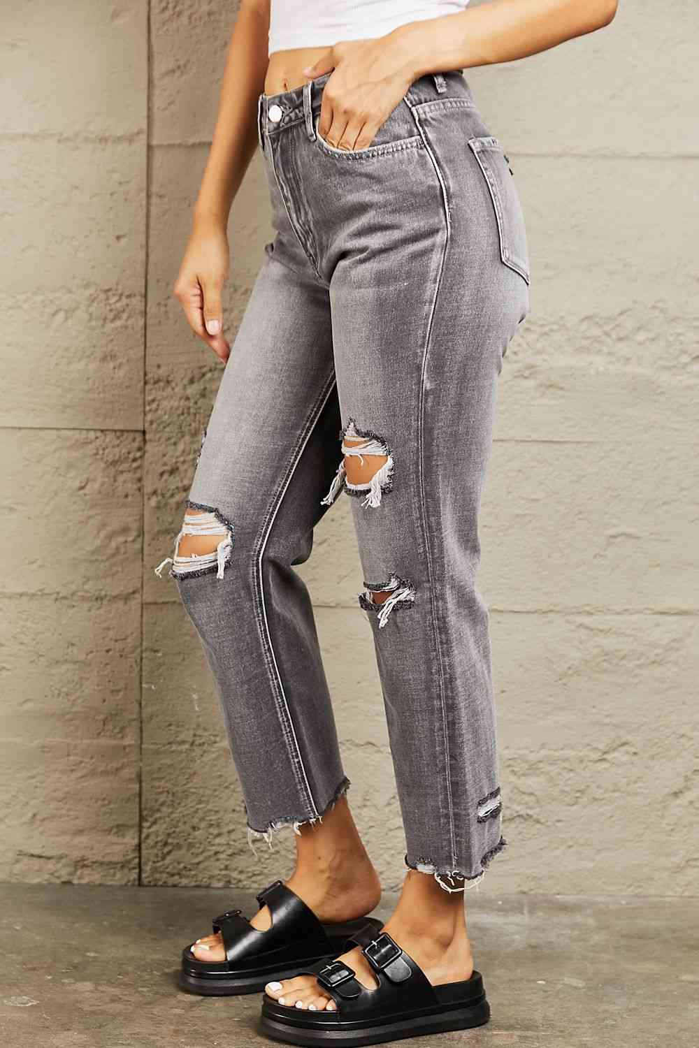 Mid Rise Distressed Cropped Dad Jeans