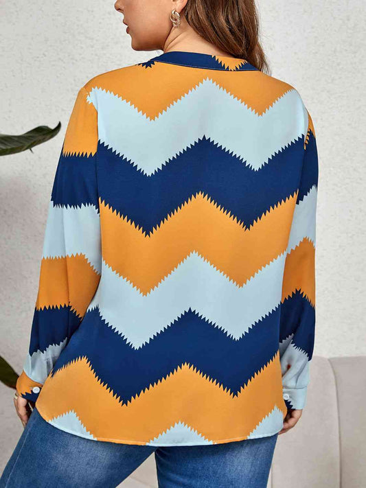 Plus Size Printed Notched Neck Long Sleeve Blouse