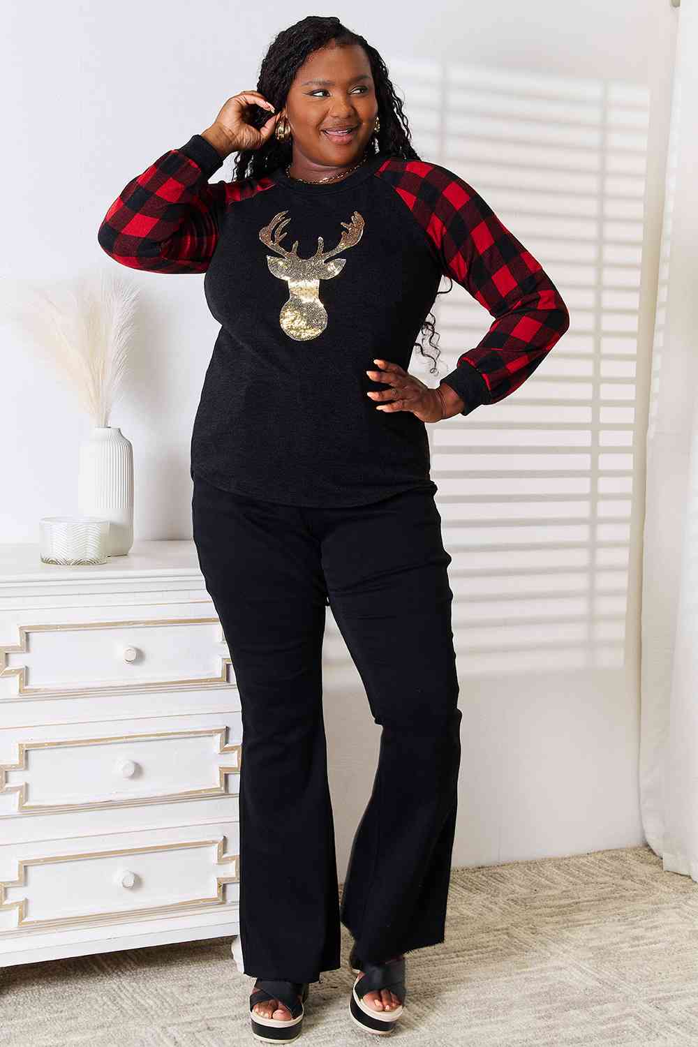 Sequin Reindeer Graphic Plaid Top