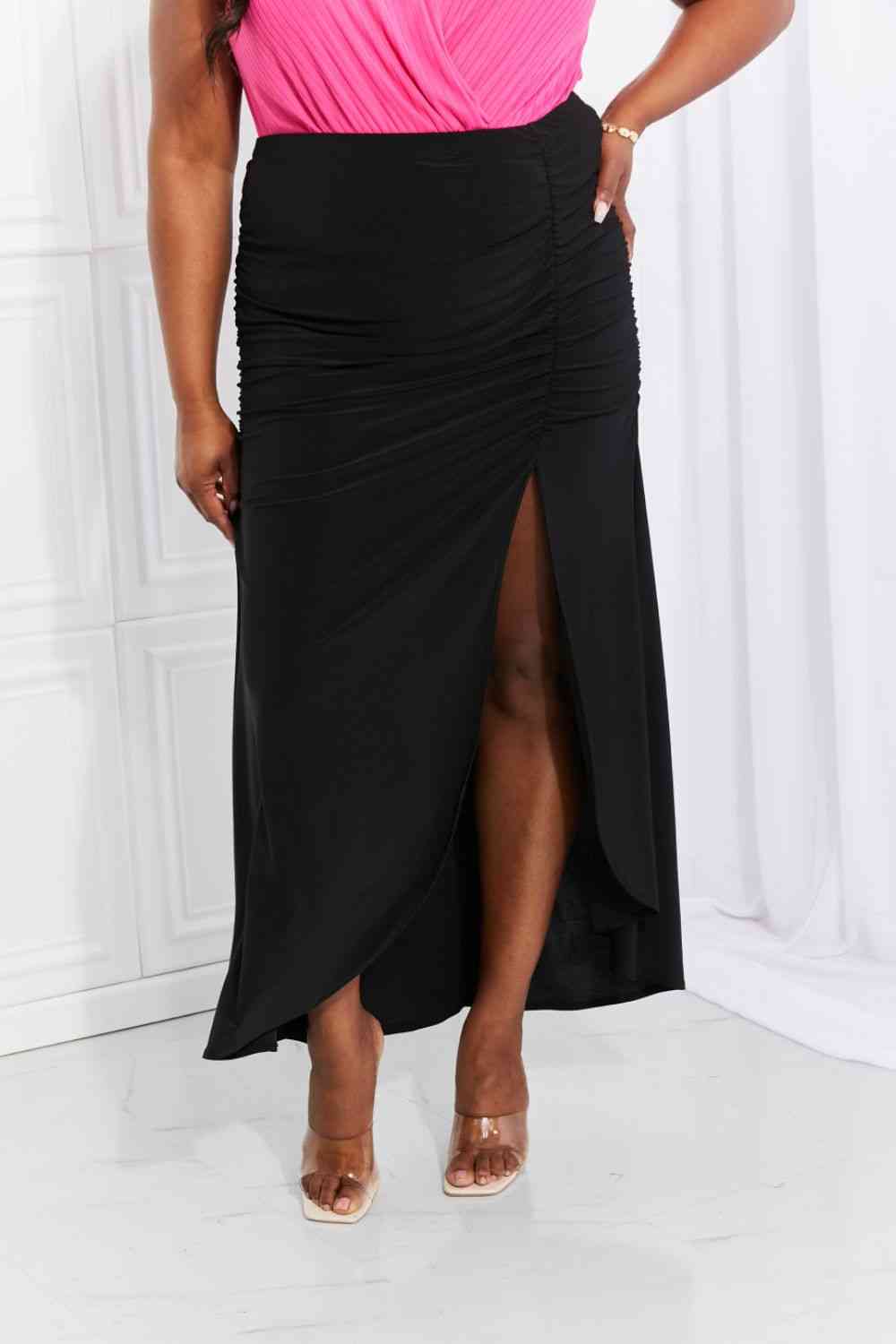 Up and Up Ruched Slit Maxi Skirt in Black