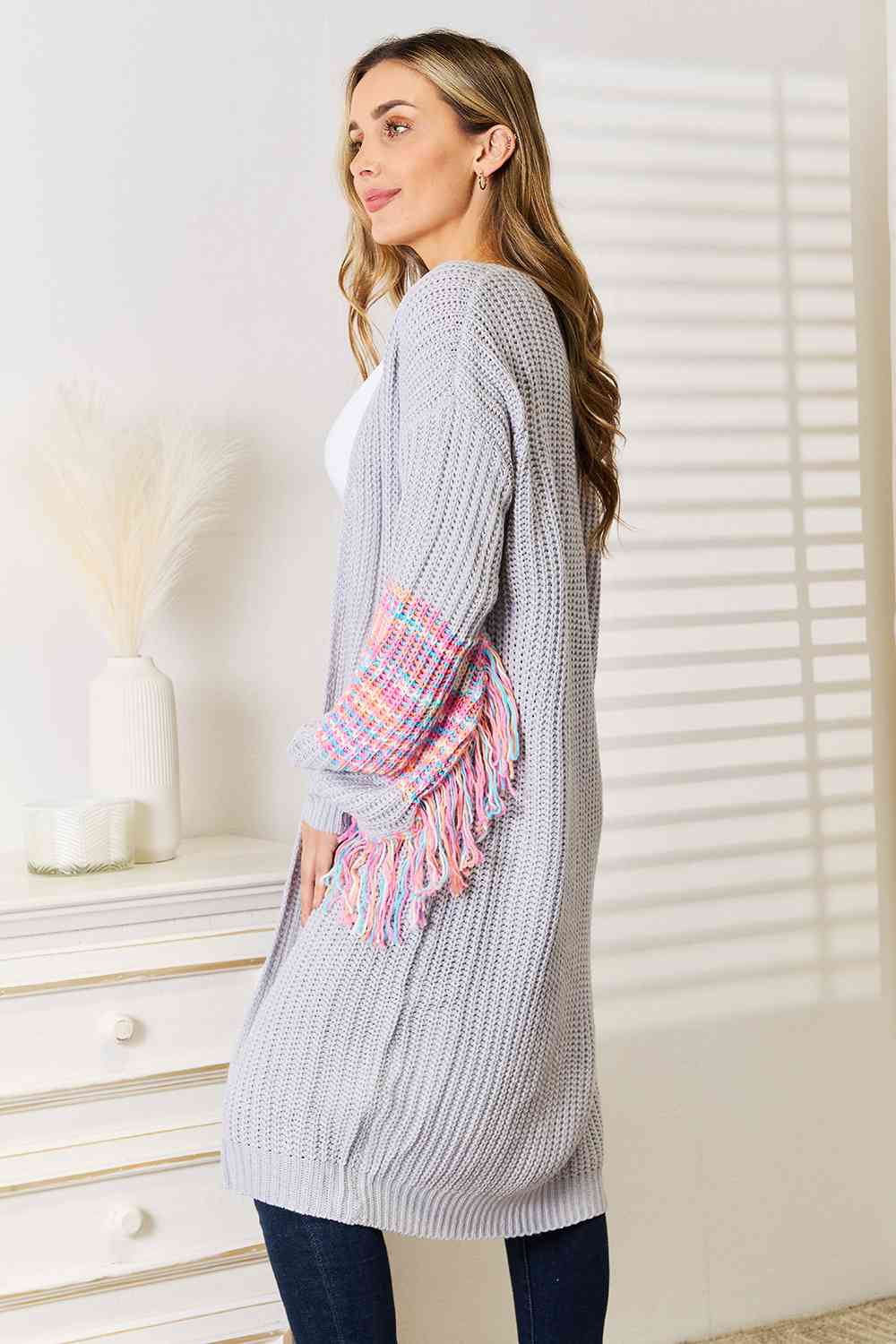 Fringe Sleeve Dropped Shoulder Cardigan