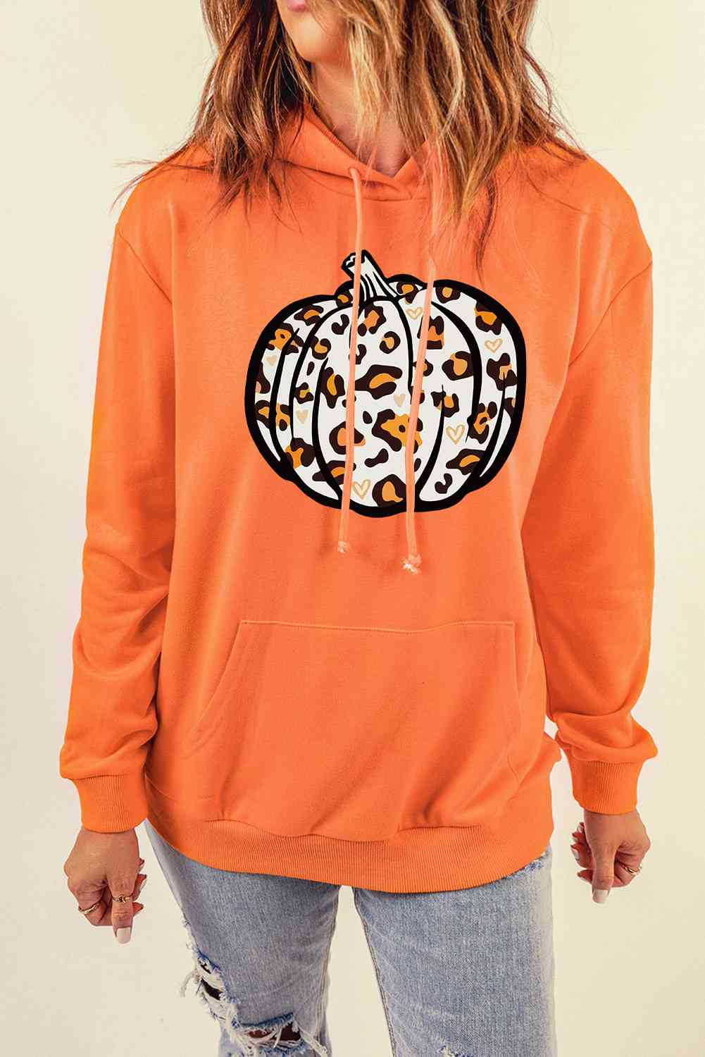 Leopard Pumpkin Graphic Hoodie with Pocket