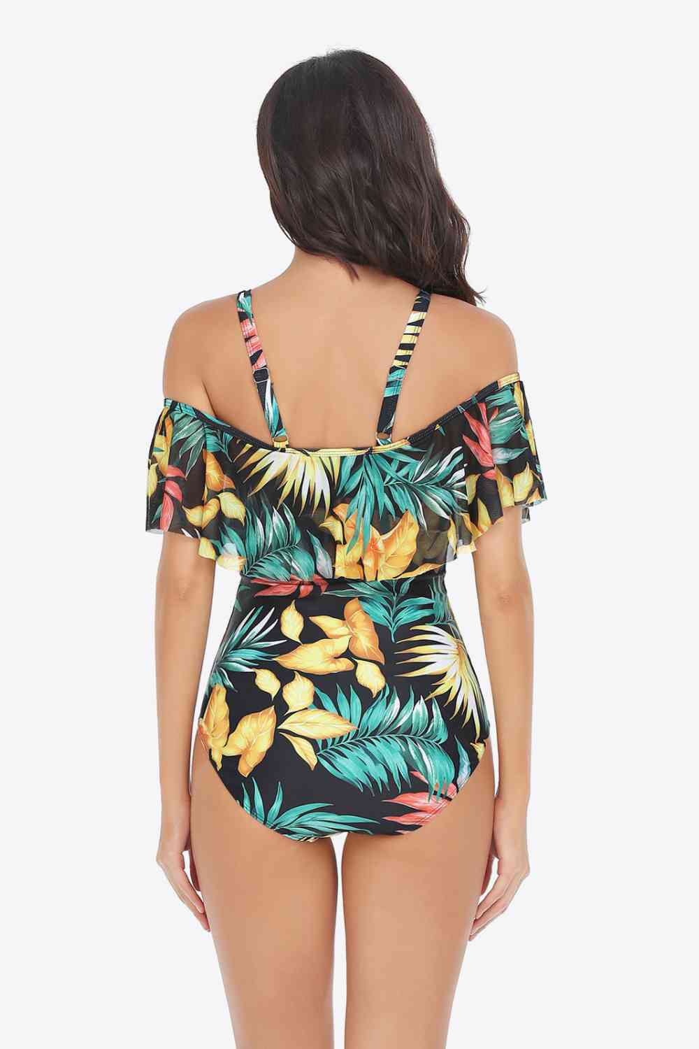 Botanical Print Cold-Shoulder Layered One-Piece Swimsuit