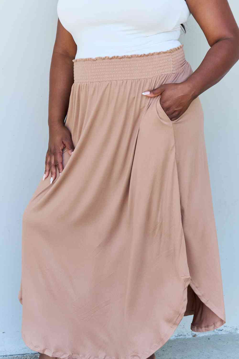 Doublju Comfort Princess High Waist Scoop Hem Maxi Skirt in Tan