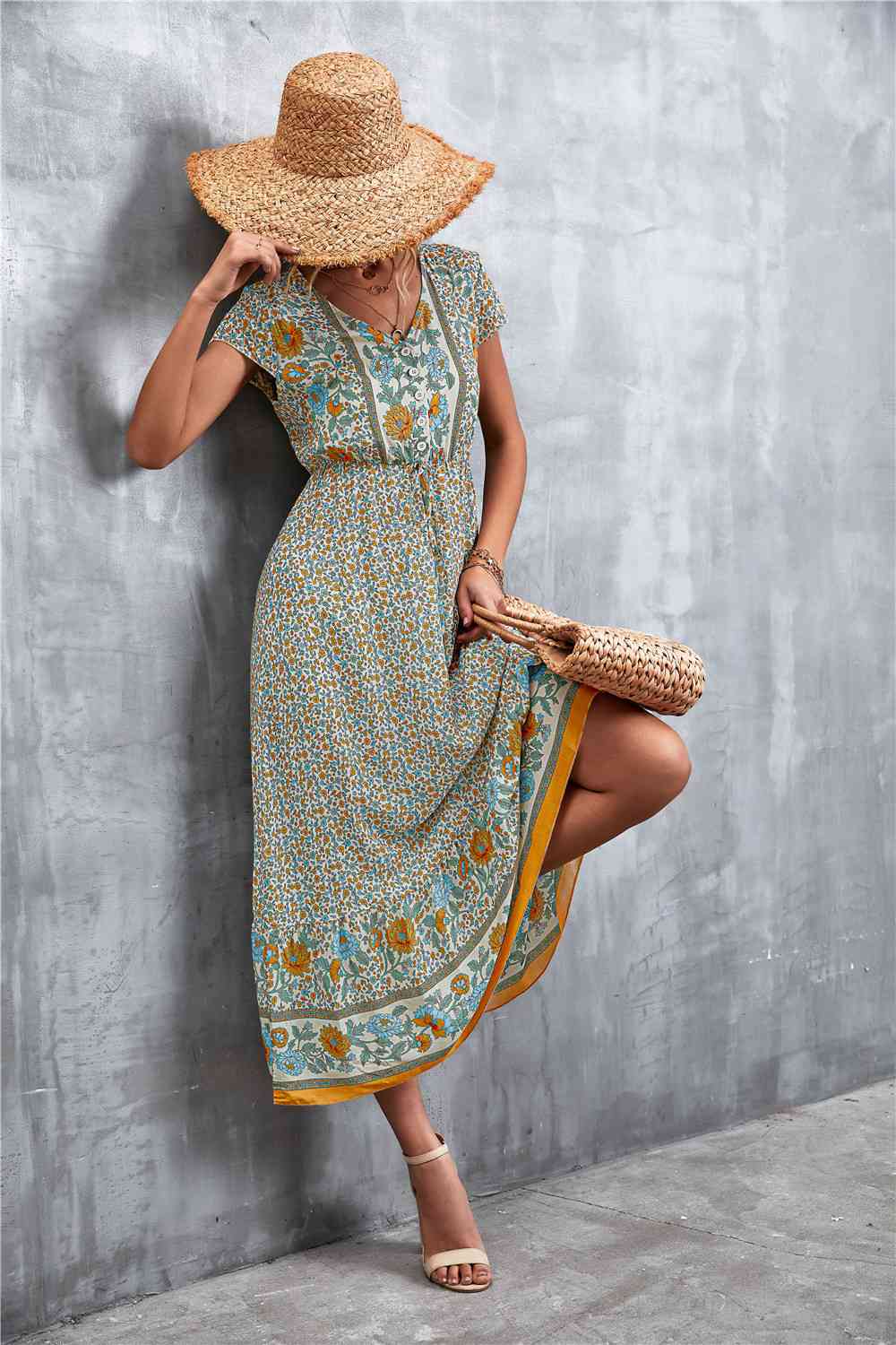 V-Neck Short Sleeve Printed Maxi Dress