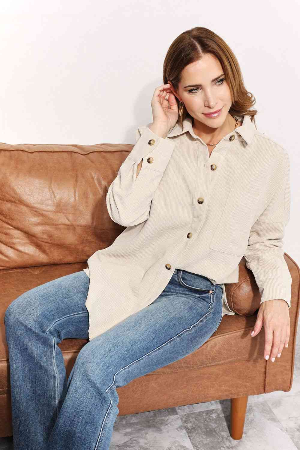 Full Size Oversized Corduroy Button-Down Tunic Shirt with Bust Pocket