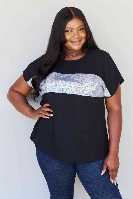 Shine Bright Center Mesh Sequin Top in Black/Silver