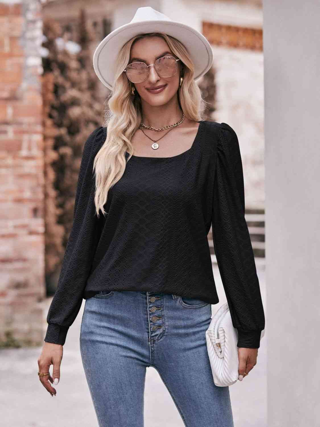 Double Take Eyelet Square Neck Puff Sleeve Blouse