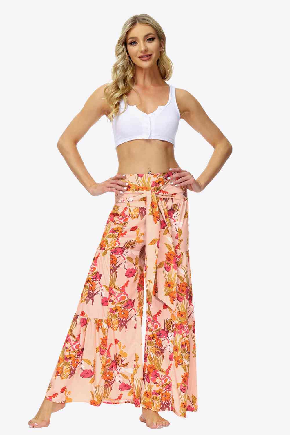 Floral Tie-Waist Tiered Culottes