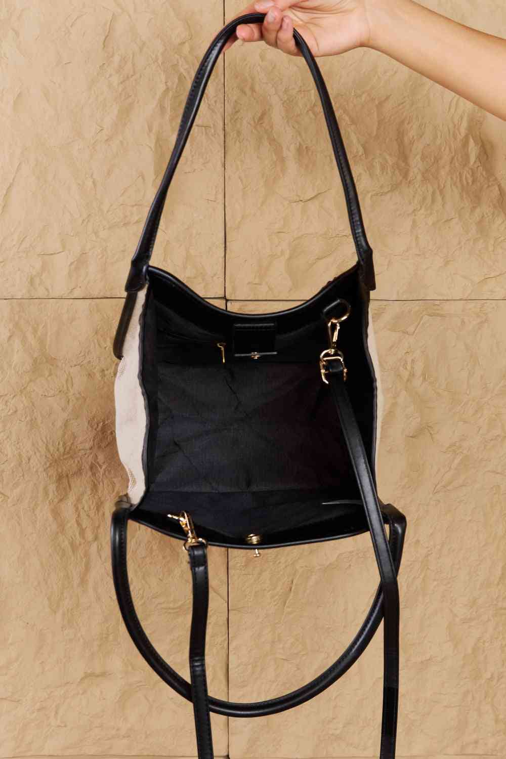 Beach Chic Faux Leather Trim Tote Bag in Black