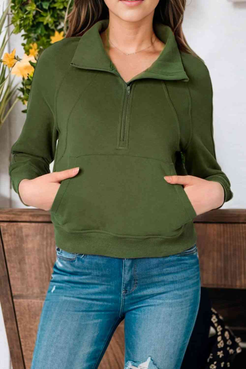 Zip-Up Collared Neck Raglan Sleeve Sweatshirt