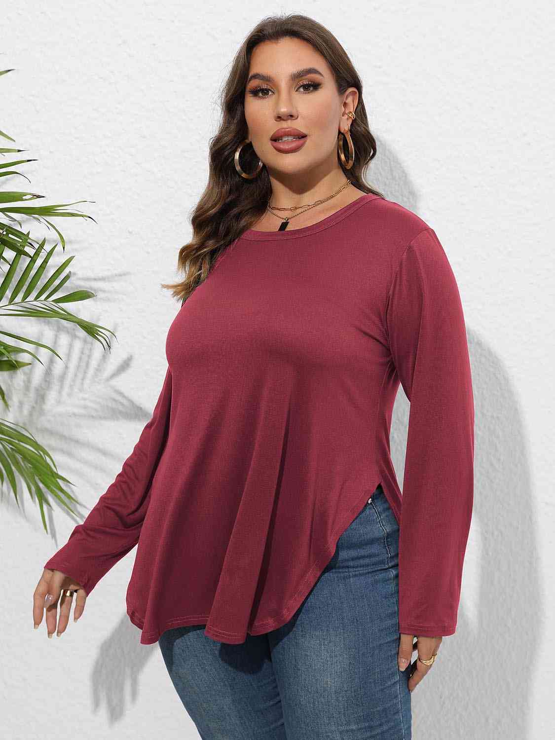 Plus Size Round Neck Long Sleeve Slit T-Shirt