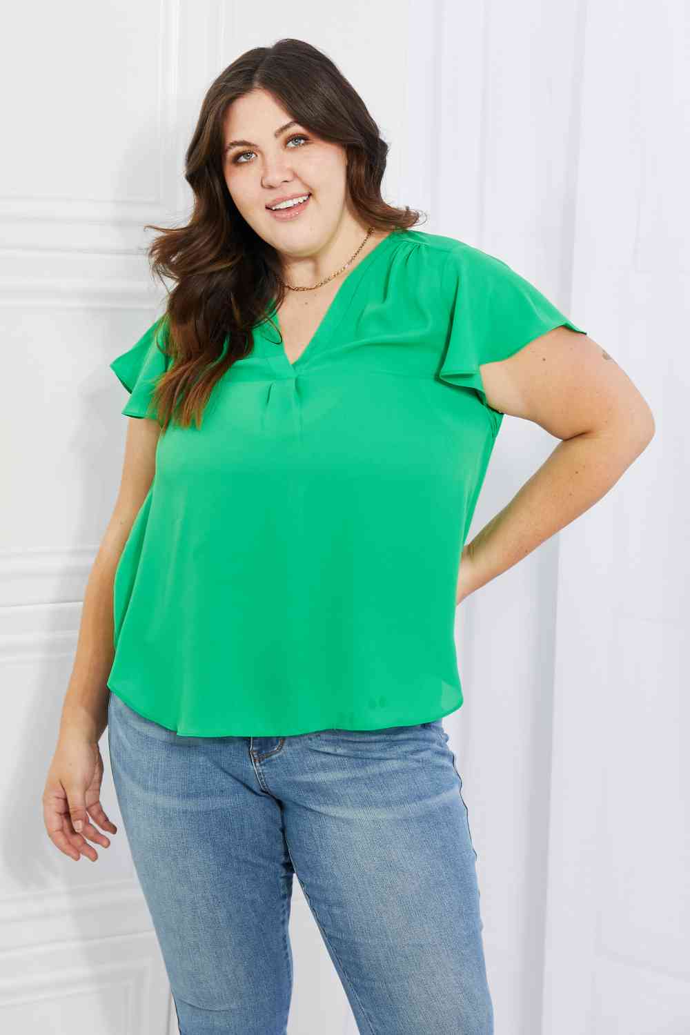 Just For You Short Ruffled Sleeve length Top in Green