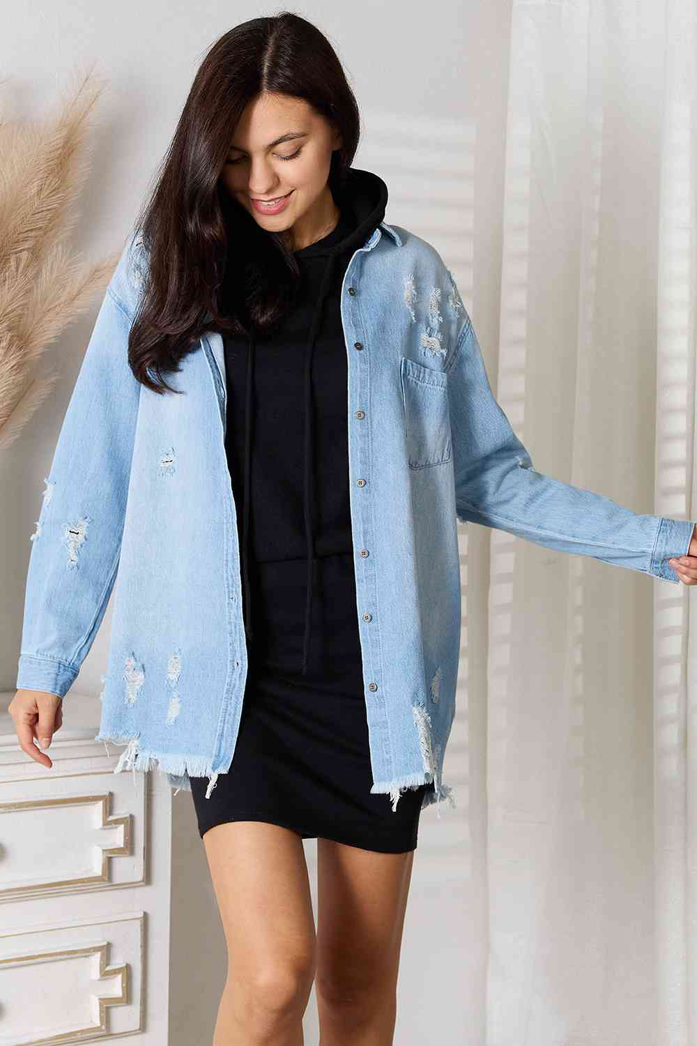 Distressed Raw Hem Denim Jacket