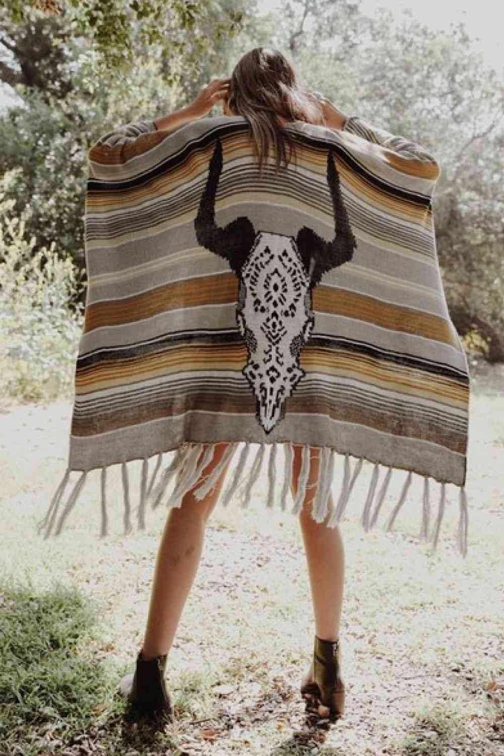 Desert Wanderer Cow Skull Striped Poncho