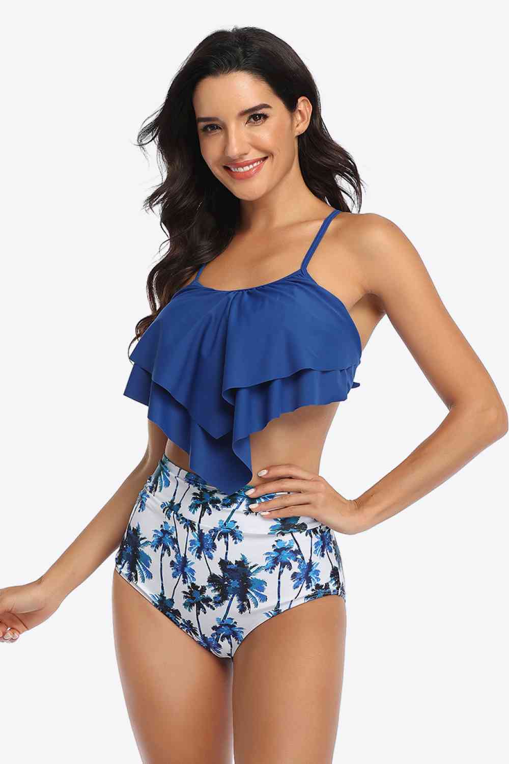 Botanical Print Ruffled Two-Piece Swimsuit