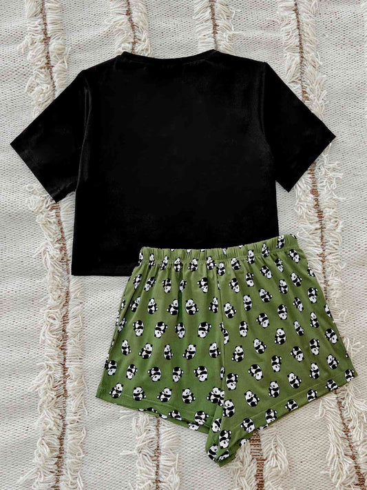 Graphic Tee and Panda Print Shorts Lounge Set