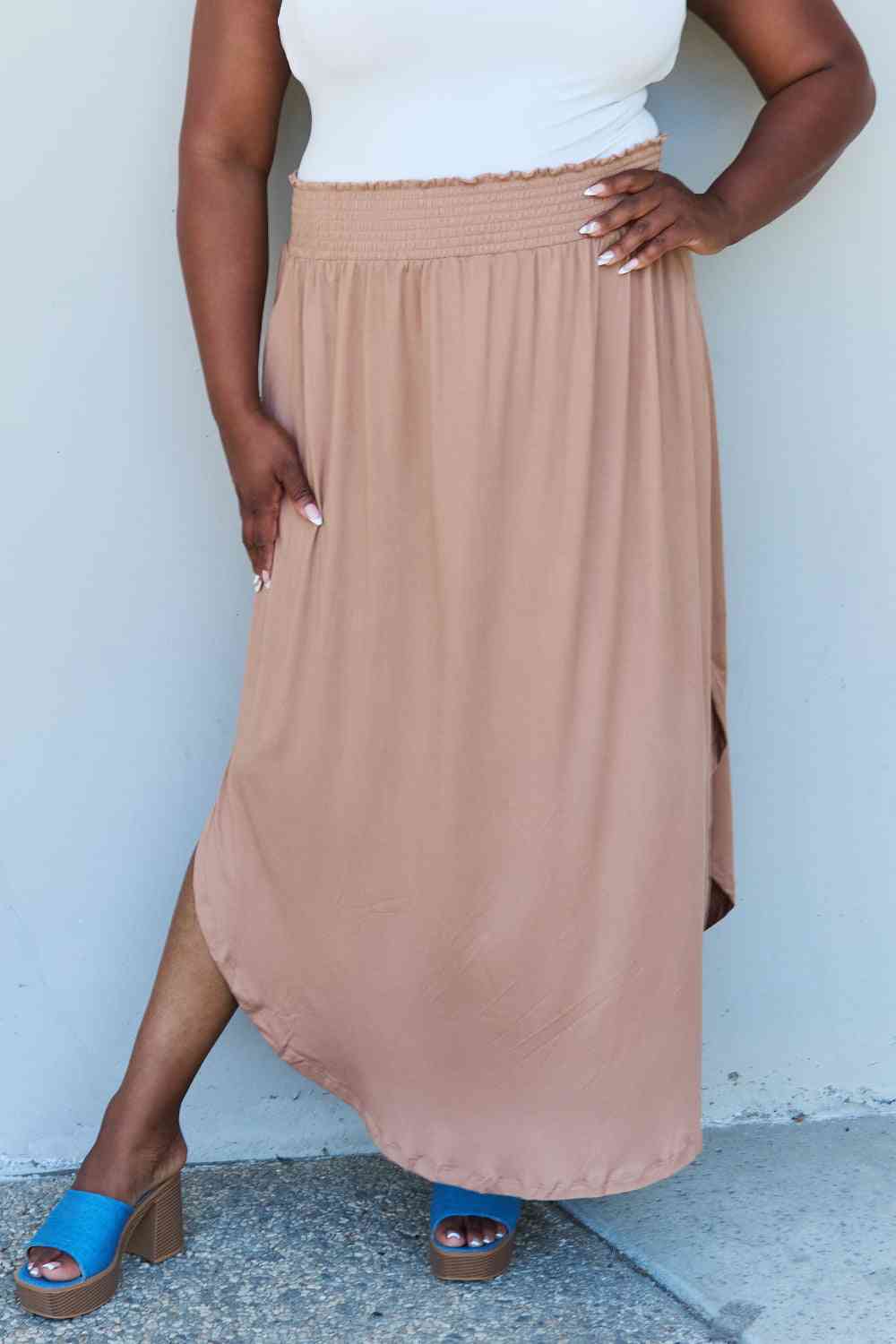 Doublju Comfort Princess High Waist Scoop Hem Maxi Skirt in Tan