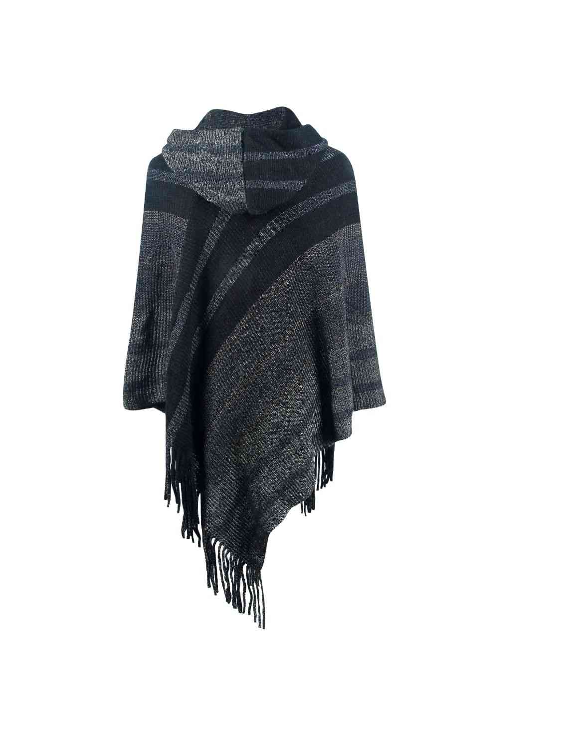 Striped Fringe Hem Hooded Poncho