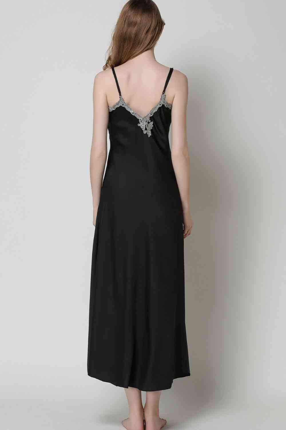 Full Size Lace Trim V-Neck Spaghetti Strap Satin Night Dress