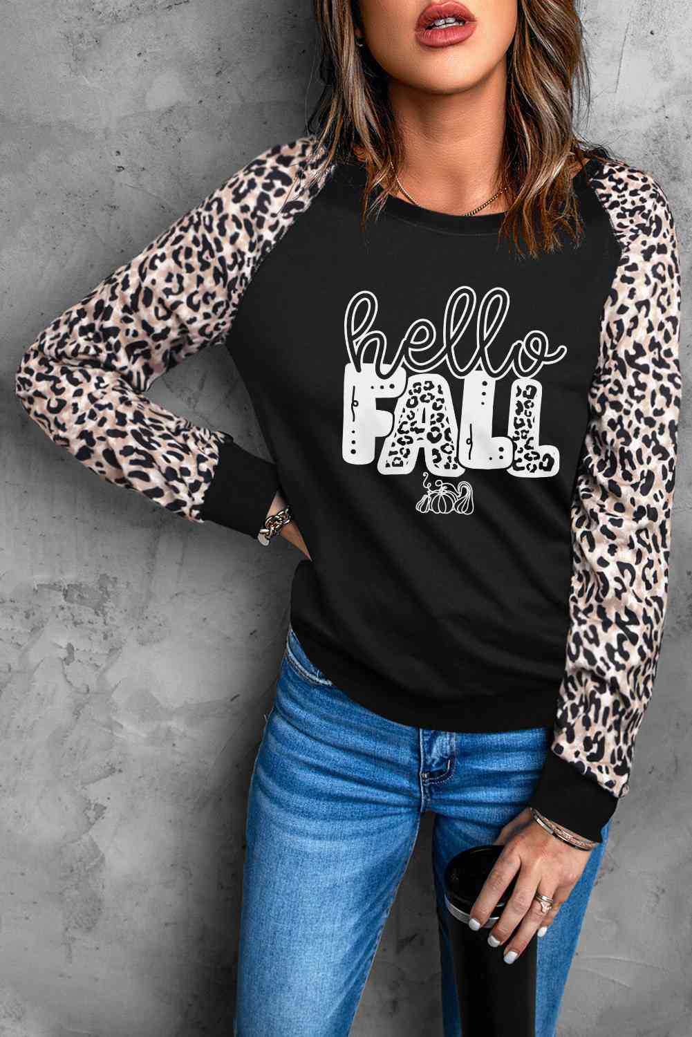 HELLO FALL Graphic Leopard Sweatshirt