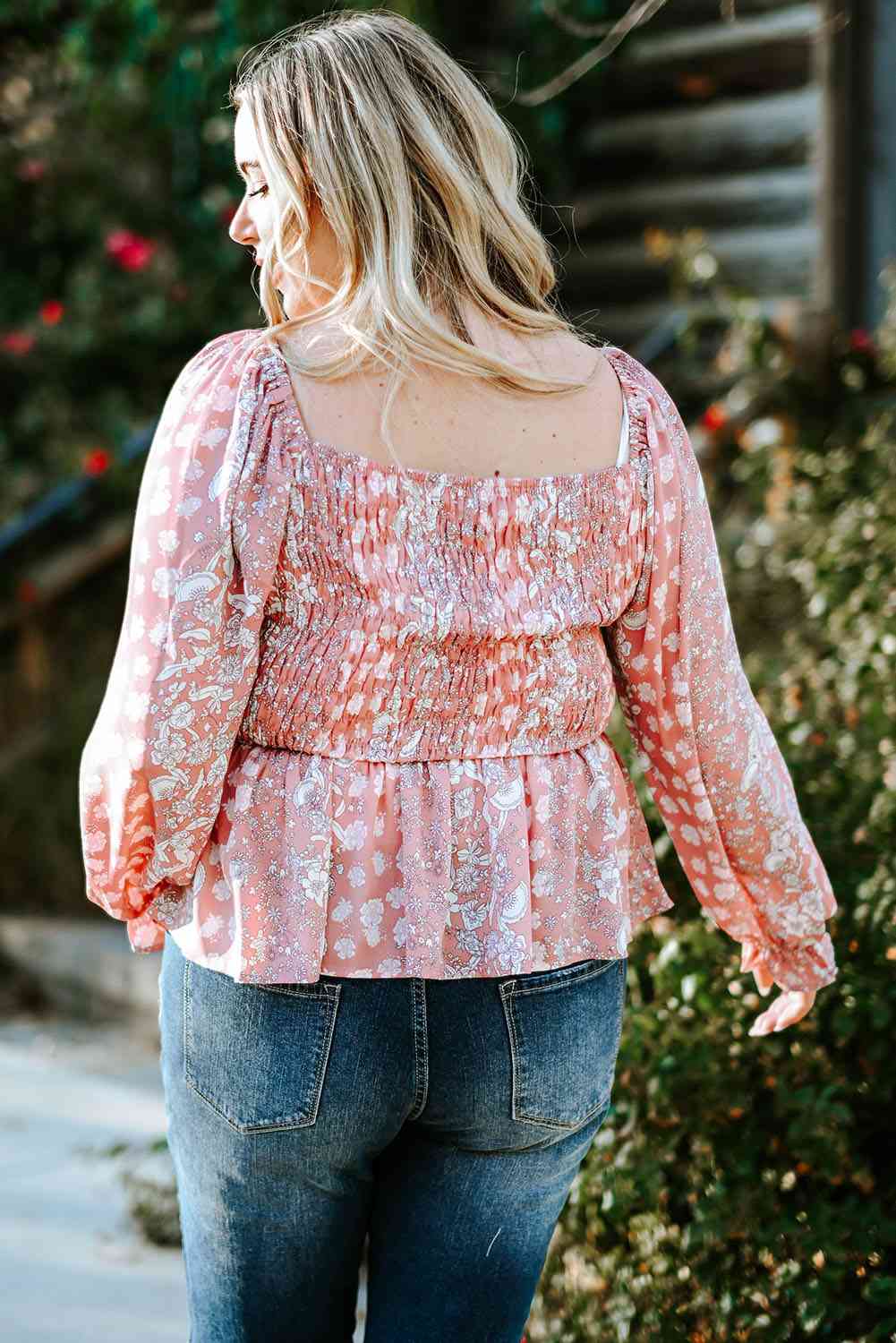 Plus Size Floral Smocked Flounce Sleeve Blouse