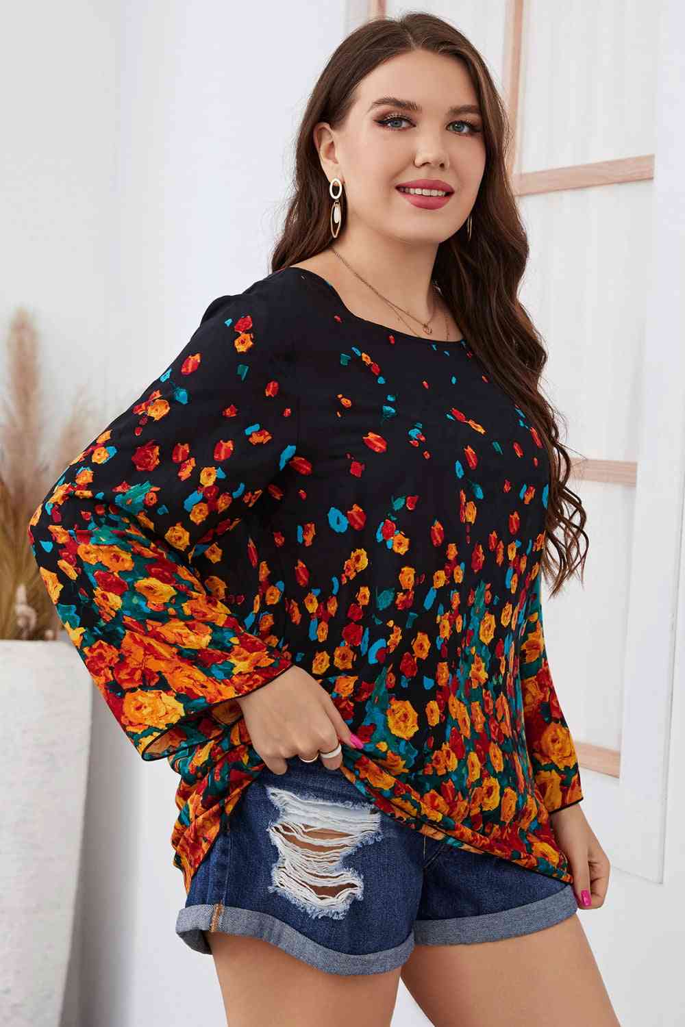 Melo Apparel Plus Size Floral Round Neck Long Sleeve Blouse