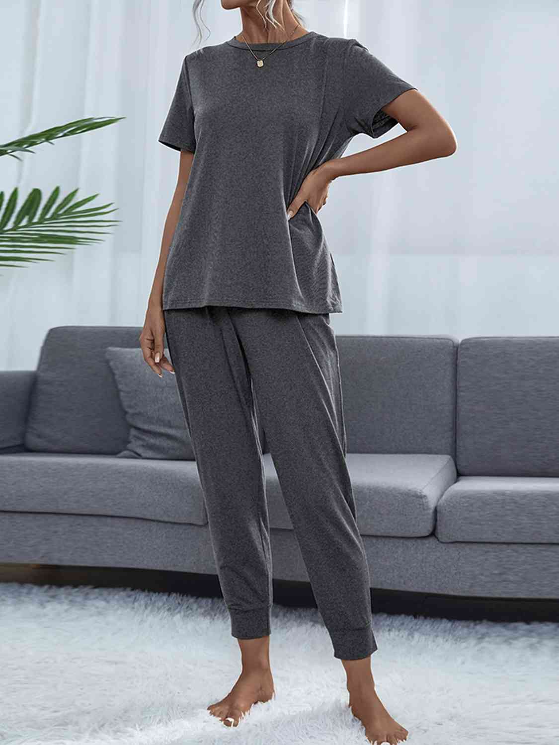 Round Neck Short Sleeve Top and Pants Set