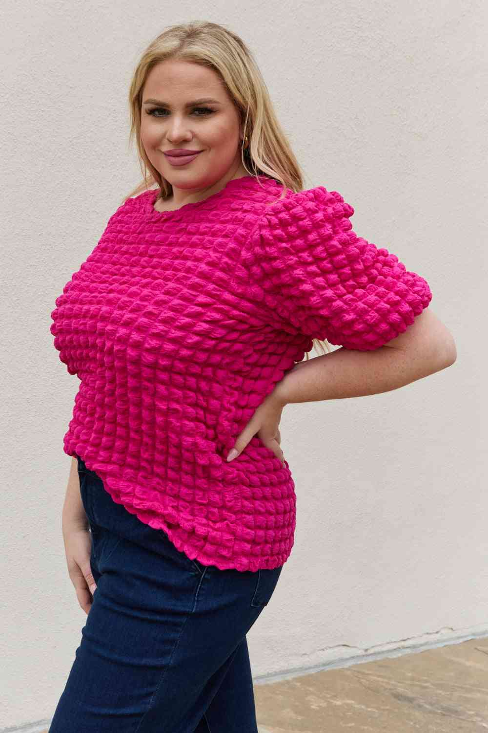 Bubble Textured Puff Sleeve Top