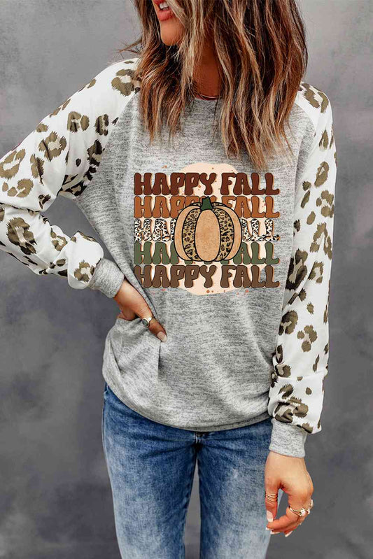 HAPPY FALL Graphic Round Neck Long Sleeve Sweatshirt