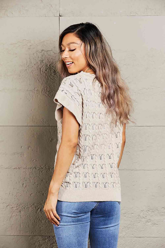 Double Take Round Neck Short Sleeve Cable-Knit Top