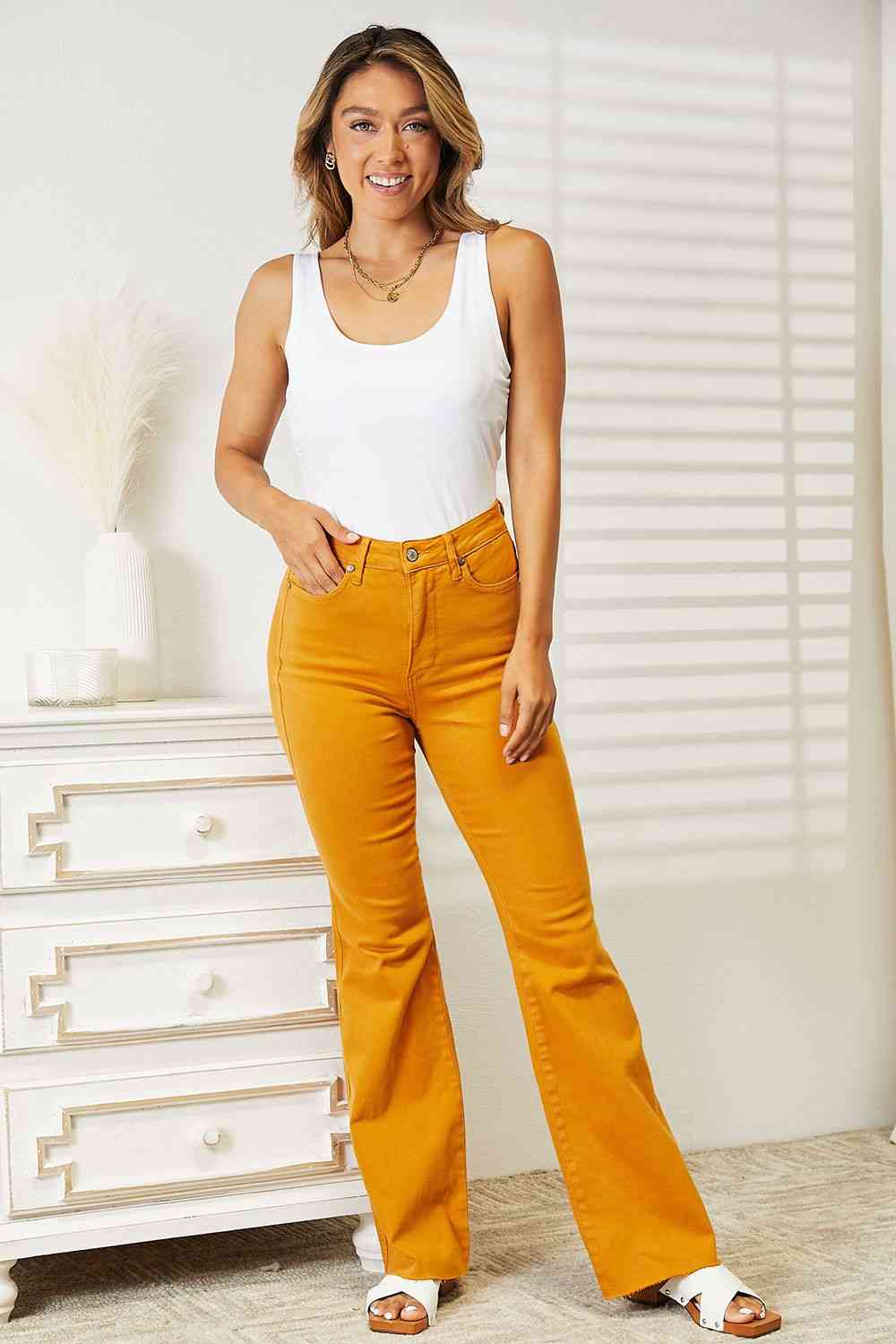 High Waist Tummy Control Garment Dyed Flare Jeans