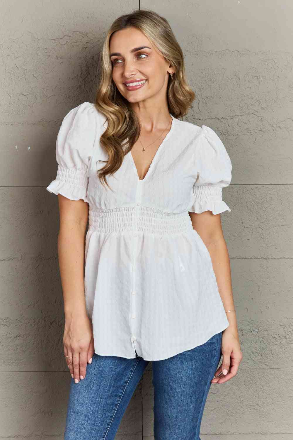 Sweet Serenity V-Neck Puff Sleeve Button Down Top