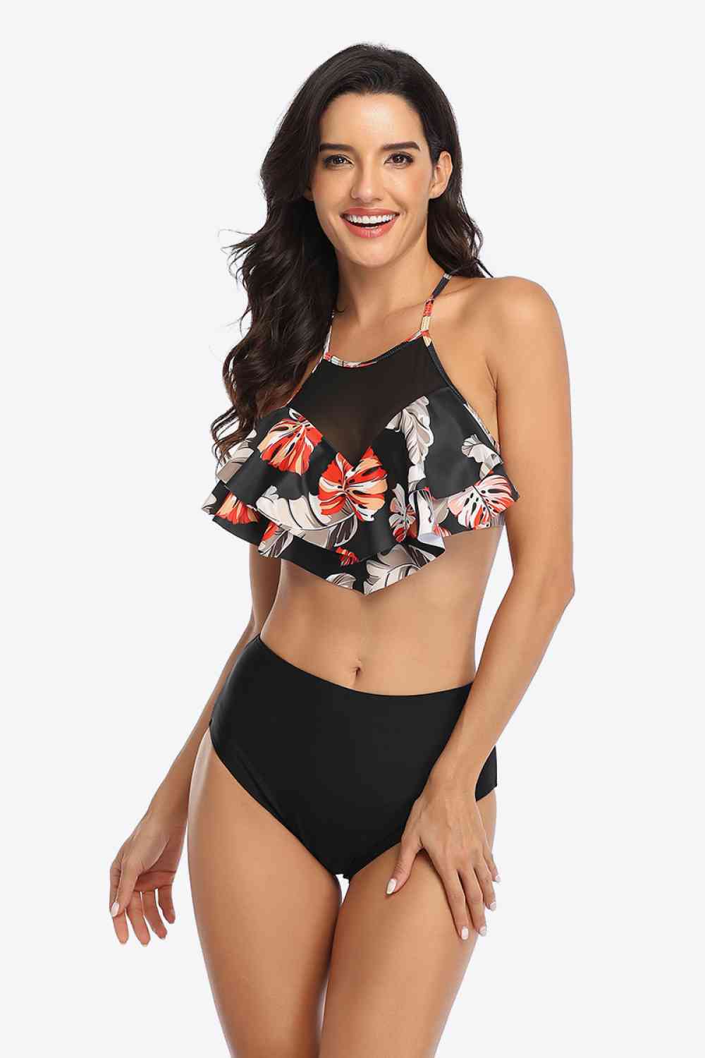 Tropical Print Ruffled Two-Piece Swimsuit