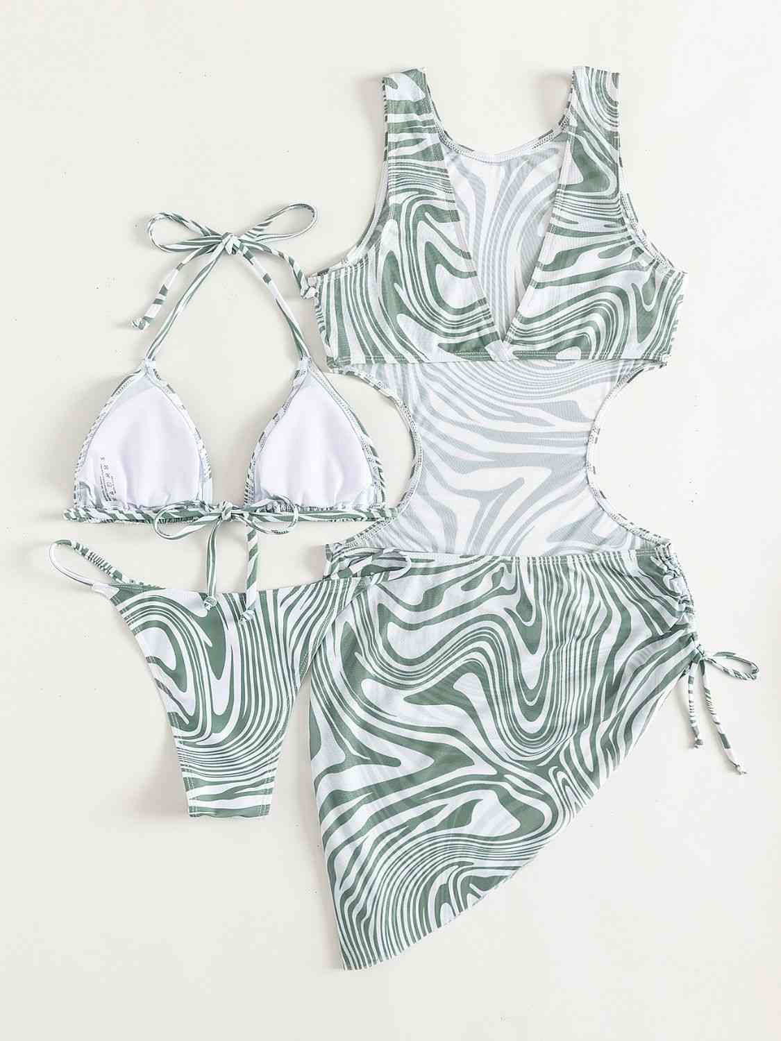 Abstract Print Tie Back Three-Piece Swim Set