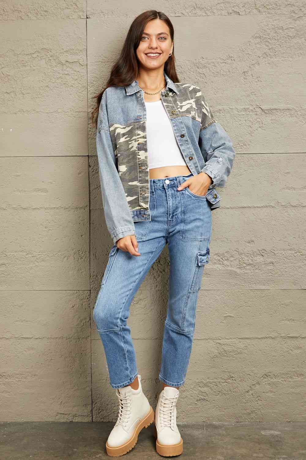 Washed Denim Camo Contrast Jacket