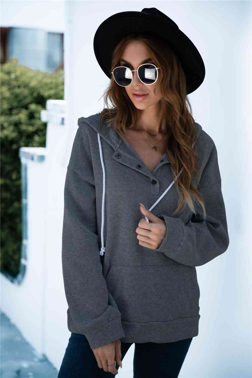 Quarter Snap Drawstring Hoodie with Kangaroo Pocket