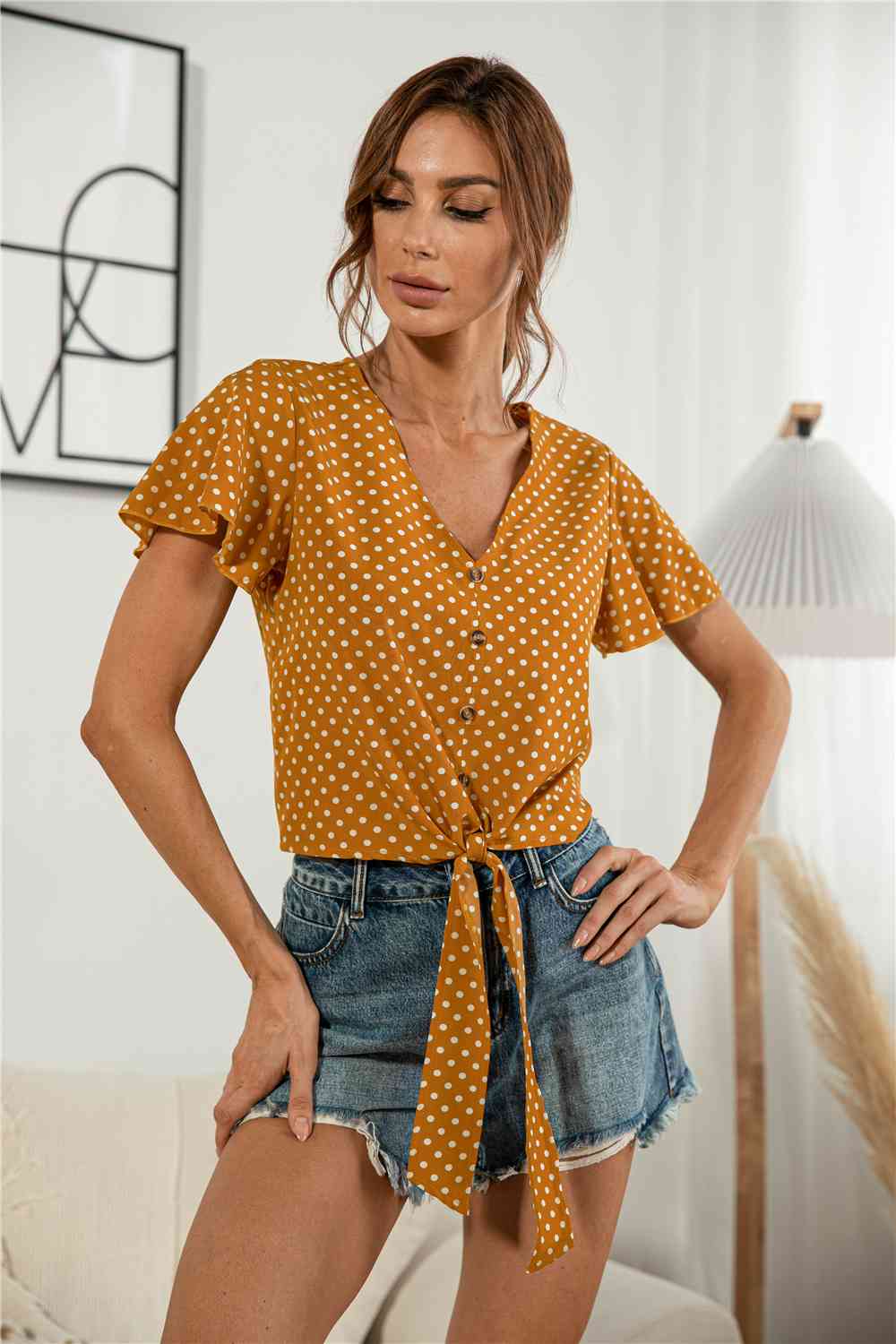 Decorative Button V-Neck Tied Blouse