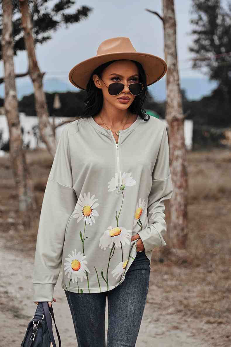 Floral Print Long Sleeve Zipper Front Sweatshirt