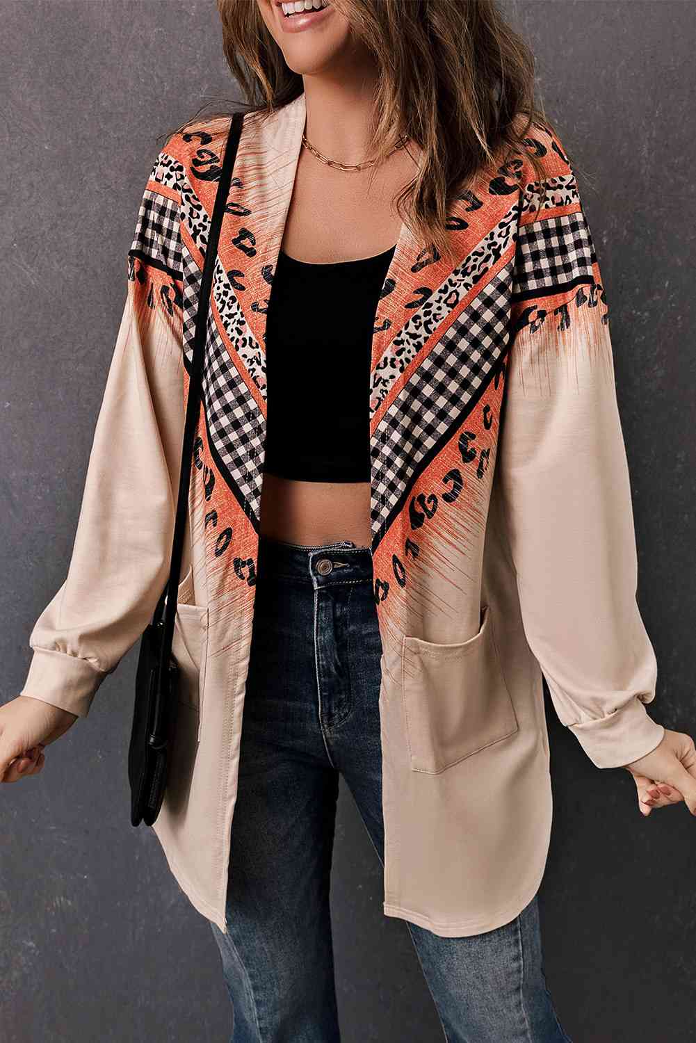 Double Take Leopard Plaid Open Front Longline Cardigan with Pockets