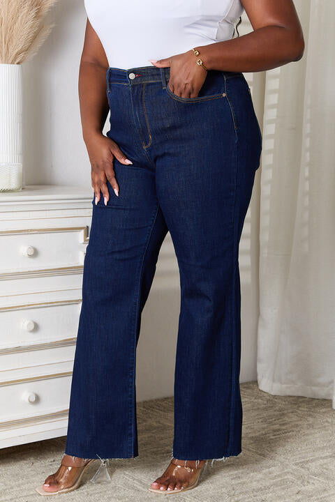 Raw Hem Straight Leg Jeans with Pockets