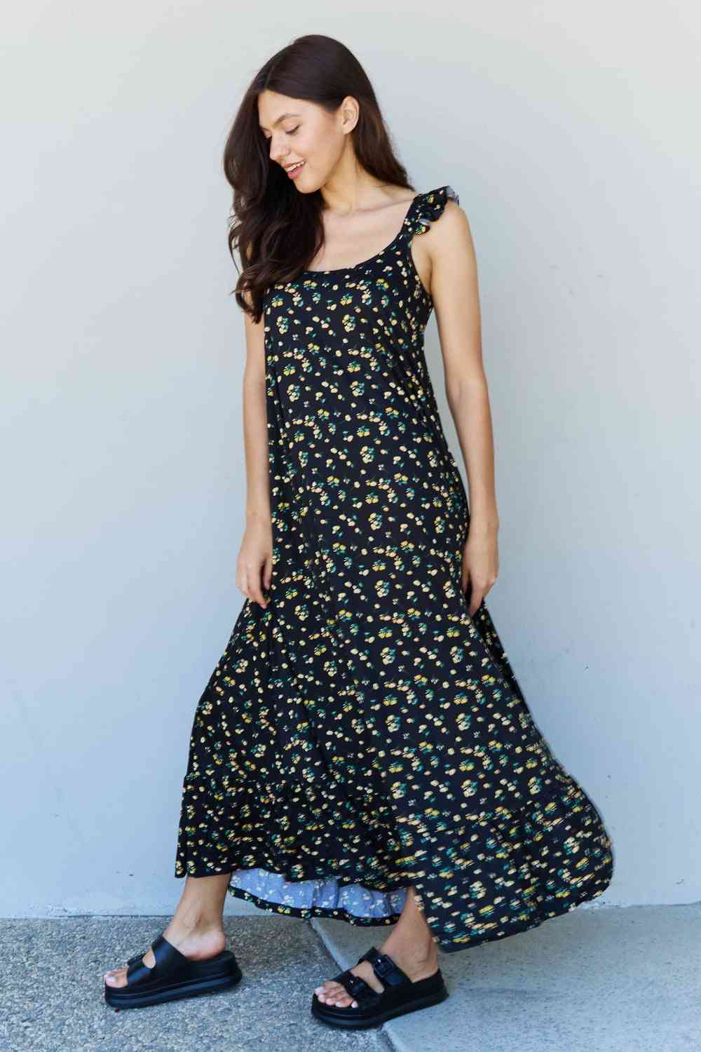 Doublju In The Garden Ruffle Floral Maxi Dress in Black Yellow Floral