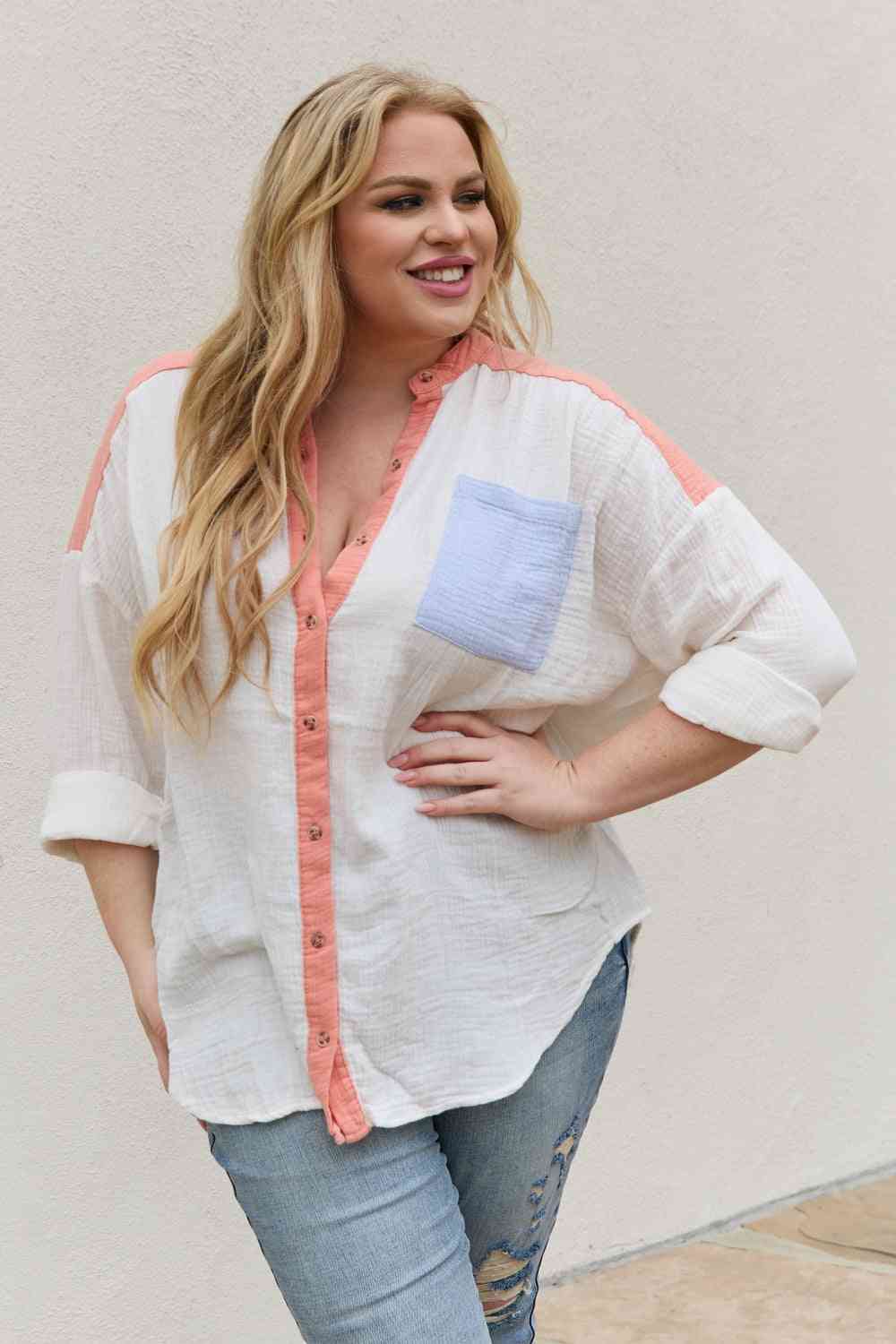 Full Size Color Block Woven Button Down Top