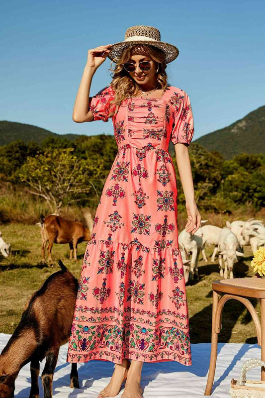 Floral Ruched Puff Sleeve Tiered Maxi Dress