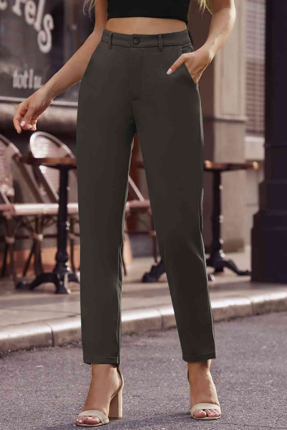 Ankle-Length Straight Leg Pants with Pockets