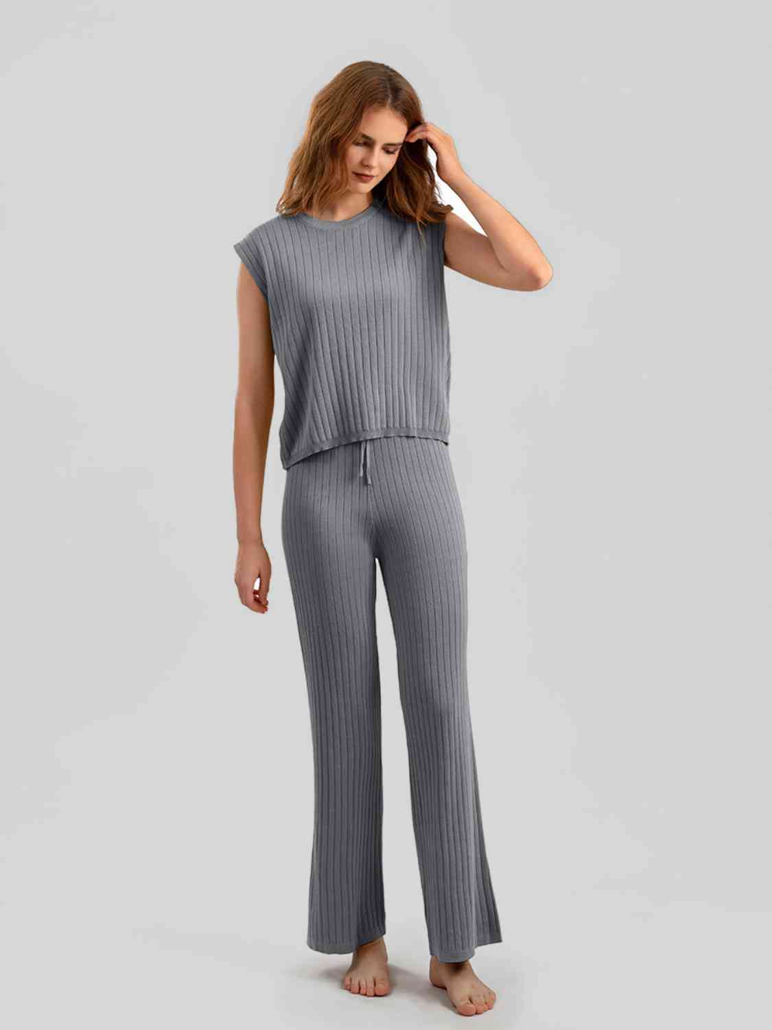 Ribbed Sweater Vest and Drawstring Knit Pants Set