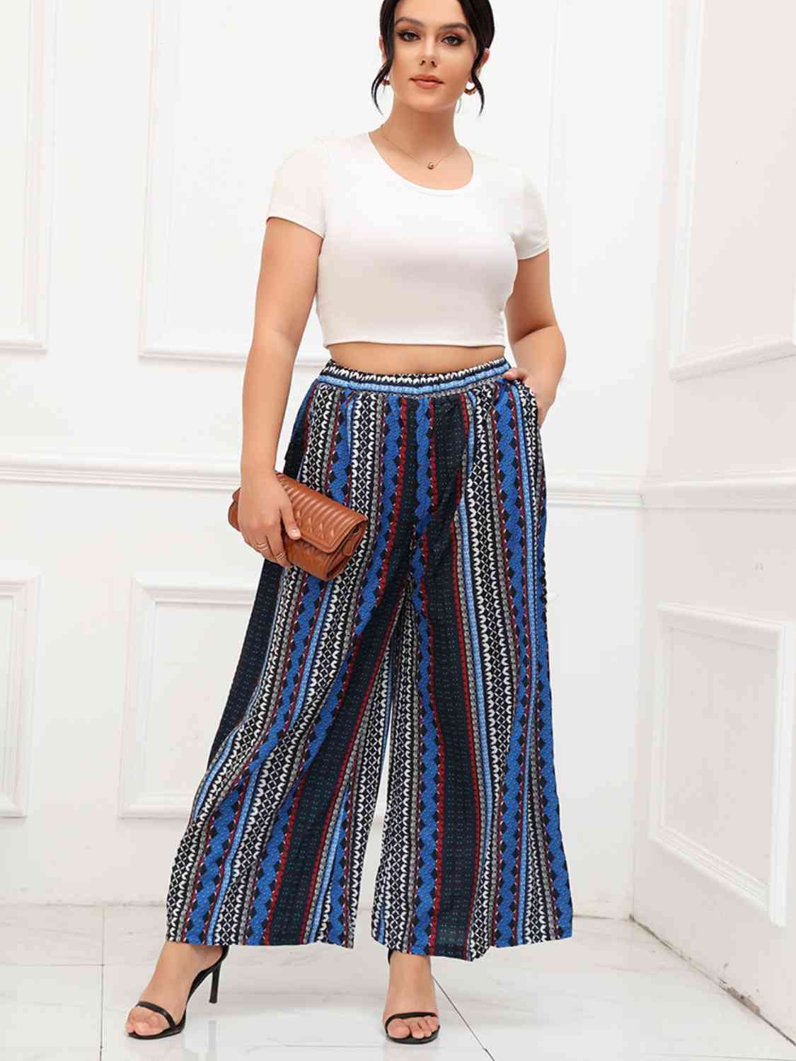 Plus Size Printed Wide Leg Pants with Pockets