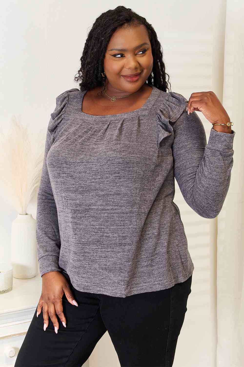 Square Neck Ruffle Shoulder Long Sleeve T-Shirt