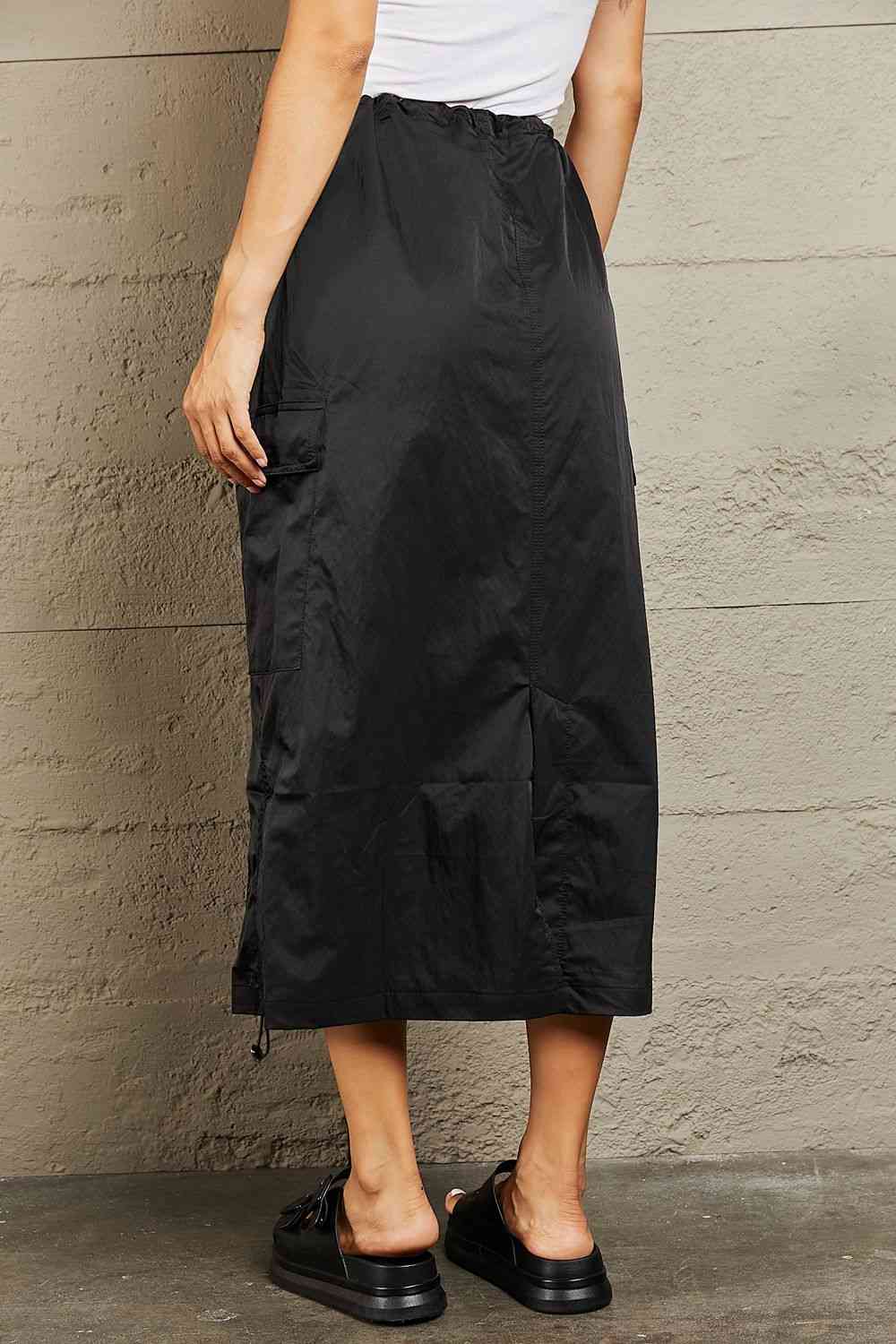 Just In Time High Waisted Cargo Midi Skirt in Black